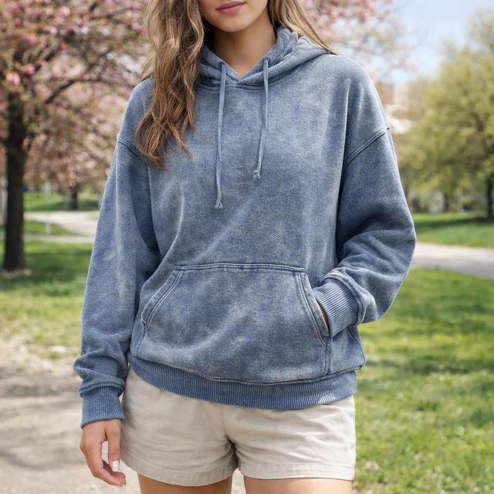 Zenana Blue Acid Wash Pullover Hoodie Sweatshirt Size M Relaxed Fit Y2K inspired